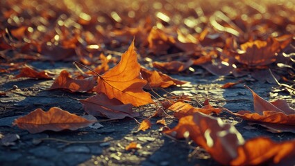 Poster - Close-up view of autumn leaves on ground with warm lighting and shadows creating a natural textured background in a seasonal setting