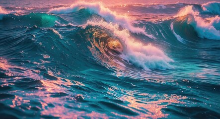 Aufkleber - Colorful ocean waves at sunset with sunlight reflections on water surface creating dynamic textures and patterns in the sea.