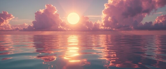 Aufkleber - Sunset over calm ocean water with clouds reflecting in the serene surface creating a tranquil atmosphere during twilight.