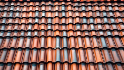 Poster - Close-up view of a textured roof featuring red and brown ceramic tiles arranged in rows.