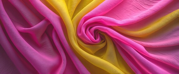 Poster - Colorful twisted fabric in shades of pink and yellow arranged in a spiral pattern displaying texture and drapery details