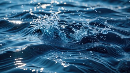 Poster - Close-up of water surface with ripples and splashes against a deep blue background reflecting light and creating a dynamic texture