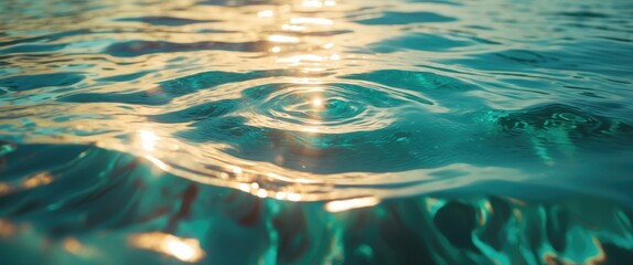 Poster - Close-up view of rippling water surface reflecting sunlight with dynamic patterns and turquoise tones in natural light
