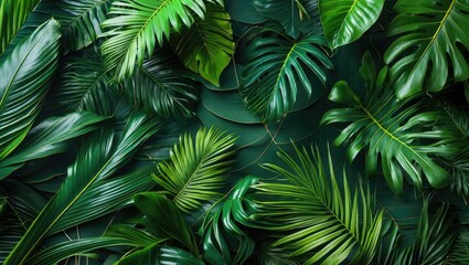 Poster - Tropical green leaves background with various types of foliage texture in a dense arrangement for natural design elements