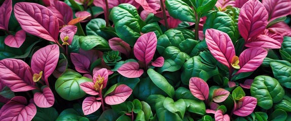 Poster - vibrant tropical foliage with green and pink leaves in natural setting close up detail of plants in lush garden environment