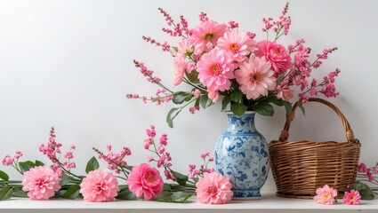 Poster - Pink flower bouquet in blue vase with pink blossoms and woven basket on white surface against plain background