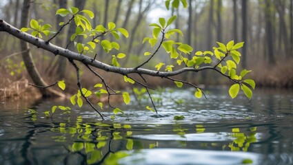 Poster - Branch with fresh green leaves above rippling water in a tranquil forest setting with reflections on calm lake surface Ð¿Ð¾ÐºÐ°Ð·Ñ‹Ð²Ð°Ñ‚ÑŒ Ð¿Ñ€Ð¸Ñ€Ð¾Ð´Ñƒ Ð¸ Ð²Ð¾Ð´Ð½Ñ‹Ðµ ÑÐ»ÐµÐ¼ÐµÐ½Ñ‚Ñ‹