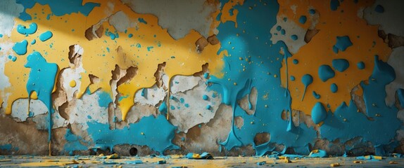Aufkleber - Peeling blue and yellow paint on a damaged wall with exposed surfaces and texture, creating a distressed urban aesthetic