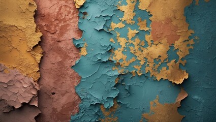 Aufkleber - Colorful textured wall with peeling paint layers in shades of turquoise, gold, terracotta and peach creating an abstract background design.