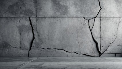 Poster - Cracked grey concrete wall with textured surface and floor in industrial style background