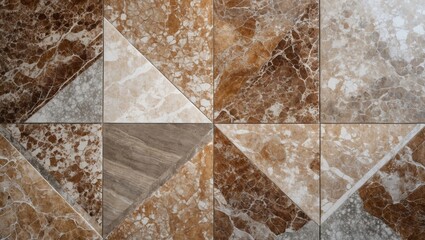 Aufkleber - Geometric pattern of ceramic tiles in warm earth tones with a mix of brown, beige, and white marble textures arranged in a modern design.