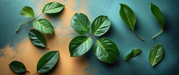 Poster - Green and brown leaves arranged on a textured background with contrasting colors in natural light