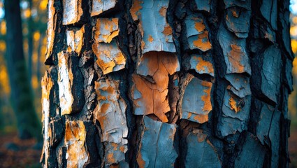 Poster - Textured bark of a tree with patches of orange and blue hues illuminated by warm natural light in a forest setting.