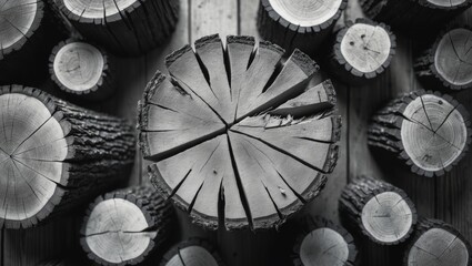 Aufkleber - Cut tree logs arranged in a circular pattern with detailed wood grain textures on a wooden surface in monochromatic tones.