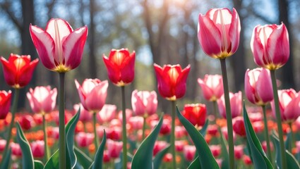 Poster - colorful tulip flowers in bloom with sunlight creating a soft glow in a lush green garden during spring season