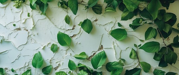 Poster - Green leaves on textured cracked white wall background natural design elements