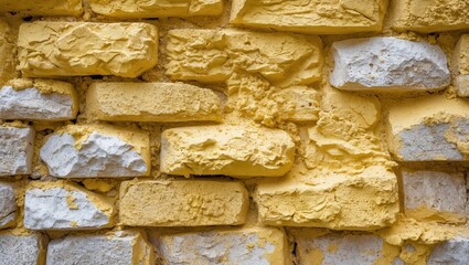 Aufkleber - Yellow painted textured brick wall with white patches and irregular surfaces