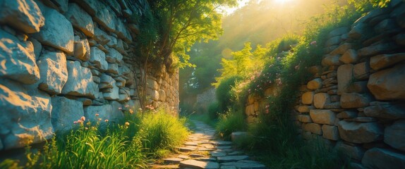 Poster - stone pathway between rustic walls with greenery and sunlight filtering through trees in soft focus setting