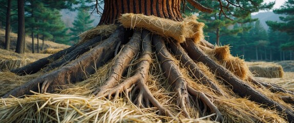 Aufkleber - Large tree trunk with prominent roots surrounded by straw and small pine trees in a serene forest setting