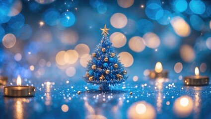 Aufkleber - Christmas tree decoration with blue ornaments surrounded by candles and blue bokeh background festive holiday atmosphere