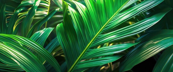 Poster - Lush green tropical leaves with a textured surface in natural light creating vibrant patterns and shadows in a botanical setting