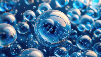 Leinwandbilder - Close-up of water bubbles in blue liquid with reflections and light refractions creating a textured abstract background