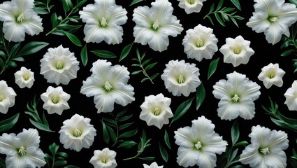 Aufkleber - White flowers and green leaves arranged on a black background creating a vibrant floral pattern