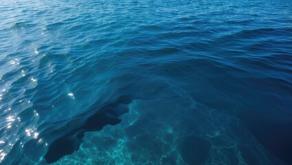Poster - Clear blue ocean water surface with sunlight reflections creating ripples and patterns underneath