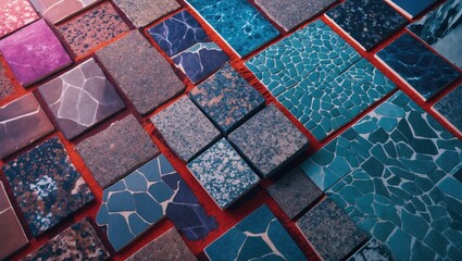 Aufkleber - Colorful collection of various textured tiles arranged in a pattern showcasing different shades and materials on a red background