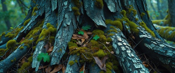 Aufkleber - Detailed close-up of ancient tree trunk with textured bark, green moss, and scattered leaves in a forest environment
