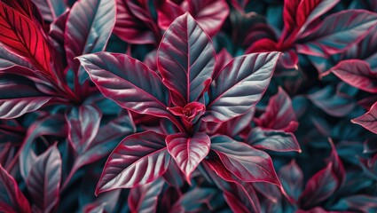 Poster - Close-up view of vibrant multicolored tropical leaves with glossy textures in shades of red and green on a dark background