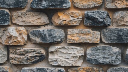 Poster - Textured stone wall with a mixture of light and dark grey rocks featuring natural patterns and irregular shapes.