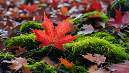 Poster - Red maple leaf on green moss surrounded by autumn fallen leaves in forest floor setting