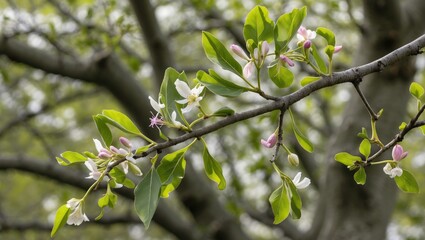 Poster - Blossoming branch of a tree with pink and white flowers and green leaves in a blurred natural background during spring season.