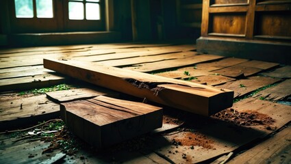 Aufkleber - Wooden planks and shavings on a rustic wooden floor with natural light filtering through a window