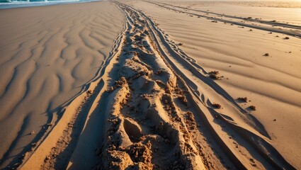 Aufkleber - Tracks in wet sand on a beach during golden hour with gentle waves in the background and patterns created by the tide.