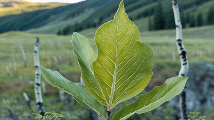 Wall Mural - Aspen Green Leaf Vibrant in Nature's Landscape with Mountains and Forest Background Capturing the Beauty of Wilderness and Foliage.