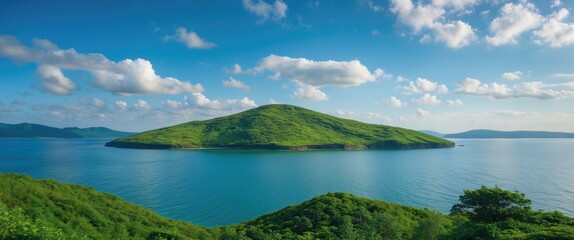 Wall Mural - Lush Green Island Surrounded By Crystal Clear Waters Under A Bright Blue Sky Ideal For Summer Vacation Themes And Travel Promotions