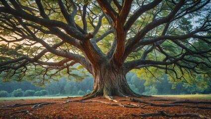 Wall Mural - Majestic old tree with sprawling branches and lush green leaves in a serene outdoor setting during sunrise or sunset.