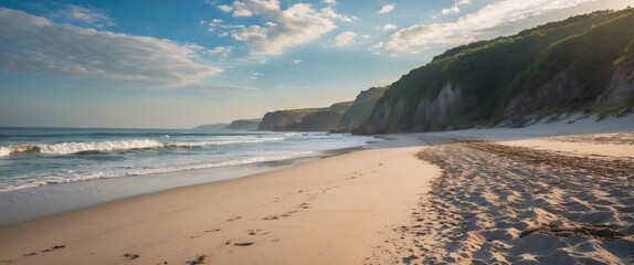 Wall Mural - Tranquil Scenic View of Sandy Beach with Lush Green Cliffs Under a Bright Sky and Gentle Waves on the Shoreline