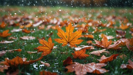 Wall Mural - Vibrant autumn leaves scattered on grass illuminated by raindrops creating a serene natural ambiance in a seasonal landscape.