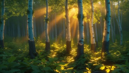 Wall Mural - Sunlight streaming through birch trees in a lush green forest with ferns and soft shadows creating a tranquil natural scene