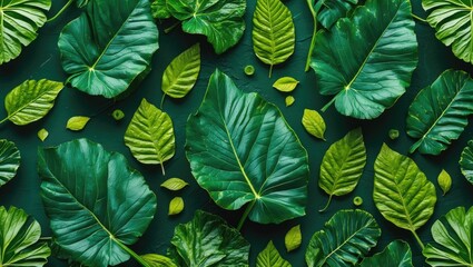 Wall Mural - Lush Green Leaf Background with Diverse Textures and Shapes Ideal for Text Overlay and Nature-Themed Designs