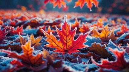 Wall Mural - Frost covered autumn leaves in vibrant red and orange hues scattered on the ground with blue background in early morning light