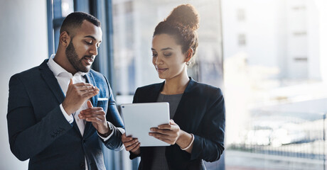Aufkleber - Collaboration, tablet and strategy with business people in office together for project management or planning. Agenda, discussion and schedule review with man, woman or workplace for b2b teamwork