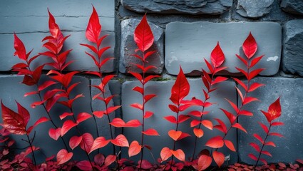 Wall Mural - Red foliage against a gray stone wall highlighting contrasting colors and textures in a natural setting.