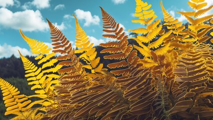 Wall Mural - Vibrant golden fern leaves against a blue sky with white clouds in a natural landscape setting