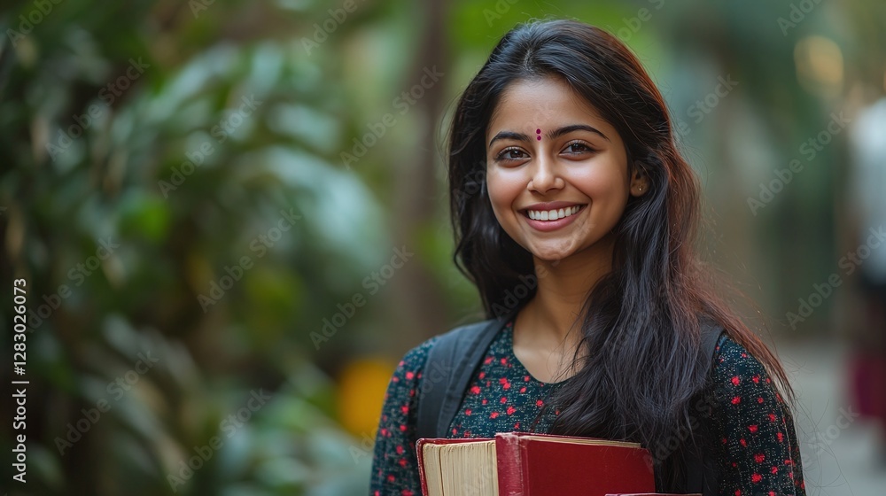 young indian student woman smiling with books in outdoor campus ...