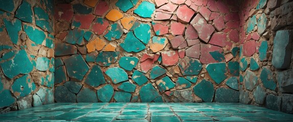 Wall Mural - Textured wall with colorful chipped stones in a spacious room illuminated by soft lighting