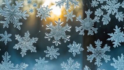 Wall Mural - Frosted window with intricate snowflake designs against a blurred winter sunset background